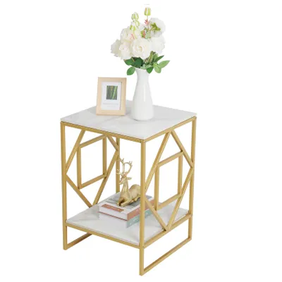 Image de Table d'appoint FATIVO 40 × 40 × 58 cm, table basse et table de chevet avec 2 étagères, aspect marbre blanc, table basse moderne, pour le salon et la chambre à coucher