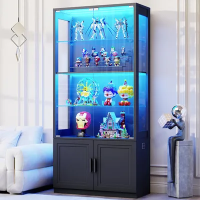 Produktbild von BROTTAR Glasvitrine 4 Ebenen mit Glastüren, verstellbaren Glasböden, 3-Farb-LED dimmbar, Bewegungssensor, für Figuren & Bücher, staubgeschützt