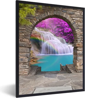 Produktbild von MuchoWow® Gerahmtes Poster Blumen - Regenbogen - Wasserfall - Ausblick 60x80 cm - Poster mit Schwarzem Bilderrahmen Wandposter Rahmen Foto Bilder - Premium - Wanddeko Wohnzimmer