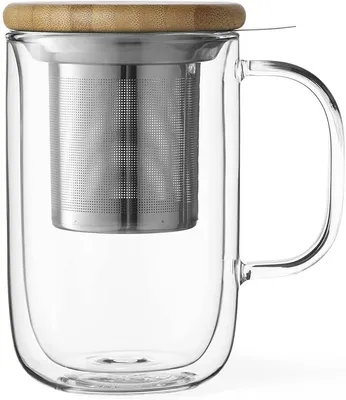 Produktbild von Viva Scandinavia Becher de té de doppelwandiger con Griff, de Thermoglas con Sieb de Edelstahl für lose Blätter de té und Deckel de Holz de Bambus, 0,5 Liter
