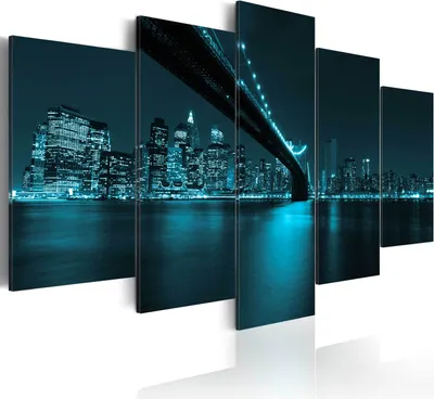 Produktbild von Leinwandbilder New York 200x100 cm Vlies Leinwandbild 5 tlg Kunstdruck modern Wandbilder XXL Wanddekoration Design Wand Bild - City Stadt Panorama Brücke schwarz blau 030111-61