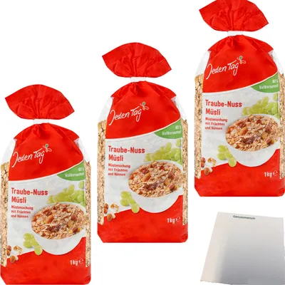 Produktbild von Jeden Tag Trauben-Nuss-Müsli 3er Pack (3x1kg Packung) + usy Block