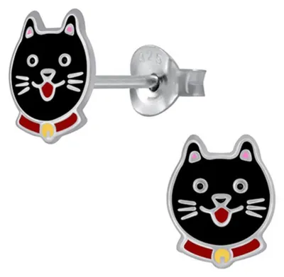 Produktbild von Kinderohrstecker: Mädchen Ohrringe Silber „Katze“ Schwarz
