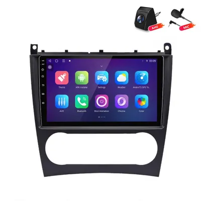 Obrázok produktu pre Android autorádio s cúvacou kamerou pre Mercedes-Benz triedy C (model W203), s funkciami CarPlay, Android Auto, GPS navigáciou, 6+128GB pamäťou, 4G LTE, Wi-Fi, RDS, ovládaním na volante (SWC) a digitálnym rádiom DAB+, s 9-palcovým displejom