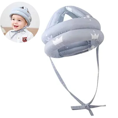 A baby wearing a protective helmet, with a close-up of the helmet itself.
