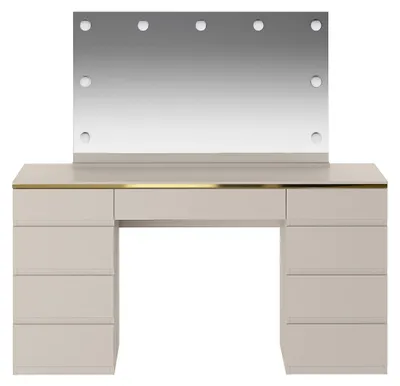 Produktbild von Schminktisch mit LED-Spiegel – 9 Schubladen – Beige und Gold – VUKIA