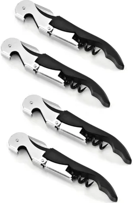 Four corkscrews are arranged diagonally on a white background.