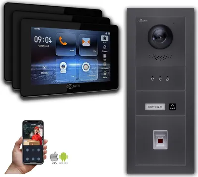 Produktbild von Goliath IP Video Türsprechanlage mit Kamera 7-Zoll Fingerprint Anzeige Anthrazit : 3 Monitore : 7 Zoll Schwarz : Aufputz Dose Monitor Anzahl: 3 Monitore Monitor Farbe: 7 Zoll Schwarz Montage: Aufputz Dose