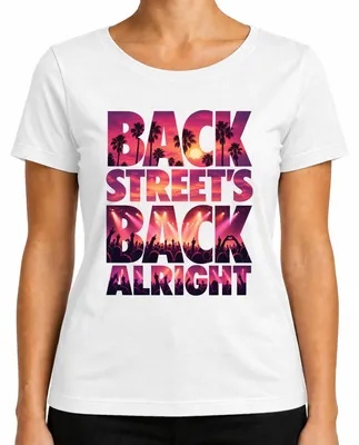 Zdjęcie produktu dla Koszulka damska, biała, rozmiar S, z motywem "Backstreet's Back Alright", koncert muzyki lat 90., zespół boysband, festiwal muzyki pop