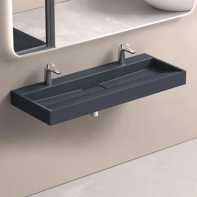 Produktbild von doporro Waschbecken Aufsatzwaschbecken Mineralguss Hängewaschbecken Waschtisch matt Anthrazit 120x46x11cm mit 2 Armaturloch inkl. Ablaufgarnitur Colossum19