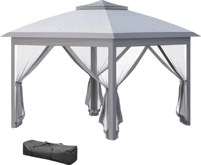 Obrázek produktu pro Skládací pavilon – skládací party stan – 3,3 x 3,3 m – výškově nastavitelný – dvojitá střecha – ochrana proti UV záření – polyester – světle šedá