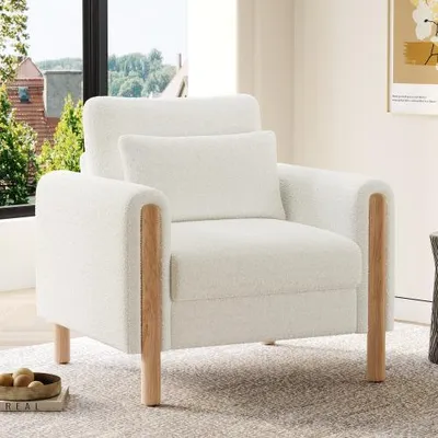 Produktbild von Flieks Armlehnenstuhl mit Dickem Kissen, Einzel-Sessel mit Weicher Polsterung, Relaxsessel für Wohnzimmer, Büro oder Schlafzimmer, Weiß