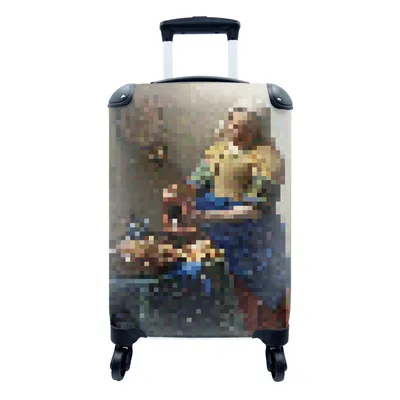 Produktbild von MuchoWow® Koffer Handgepäck Trolley Rollkoffer Kleine Reisekoffer mit 4 Rollen - Das Milchmädchen - Johannes Vermeer - Pixel - Cabin Size < 55x40x23 cm & 55x40x20 cm - Fotokoffer - Kabinenkoffer - Boardgepäck - Reise-Box - Reisekoffer - Reisegepäck - Koffer mit Bild - Trolley für Kinder