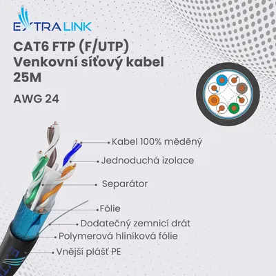 Obrázek produktu pro Extralink, CAT6 FTP (F/UTP) V2, venkovní, kroucený síťový kabel, 25M