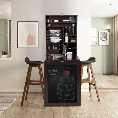 Produktbild von Klapptisch mit Tafel, Bartisch Holz mit 3 Haken, Wandtisch klappbar Keine Montage, Esstisch wandmontiert für Küche Büro (braun)