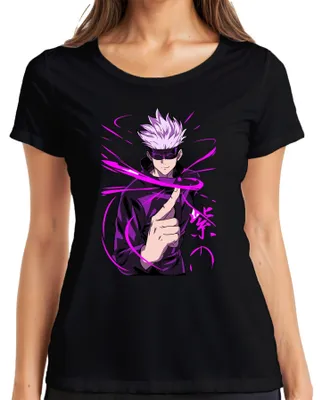 Immagine prodotto di Maglietta da donna Jujutsu Kaisen Satoru Gojo con benda viola e motivo a ventaglio, nera, taglia S