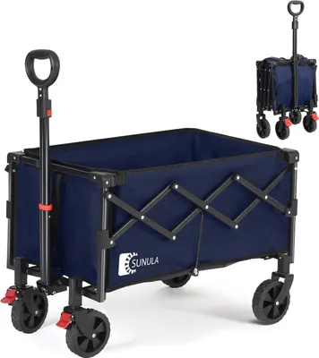 A navy blue folding wagon is shown from a front-side angle against a white background. A smaller, folded version of the wagon is visible in the upper right corner.