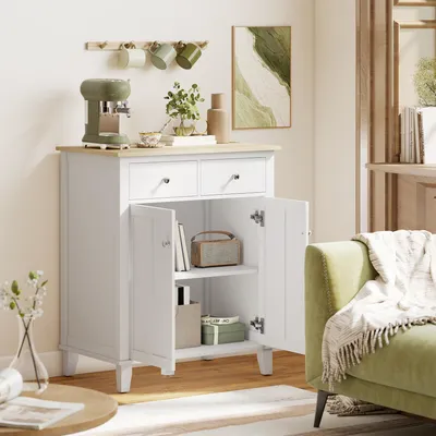 Produktbild von Sideboard Anrichte im Landhausstil Kommode Weiß Holz-Optik mit 2 Türen und 2 Schubladen, Küchenschrank Beistellschrank für Wohnzimmer Flur, 76x48x91 cm