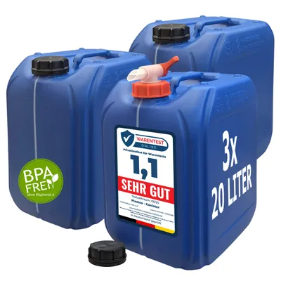 Image de bidon d'eau plasteo® 3X 20 litres Bidon en plastique Bidon de camping bleu alimentaire sans BPA adapté aux matières dangereuses FR