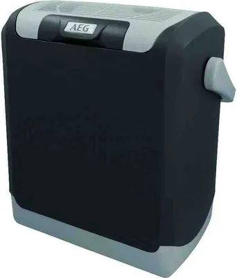 A black and gray thermoelectric cooler box with an AEG logo on the top.
