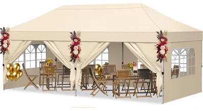 Image de Tente pliante COSTWAY 3 x 6 m avec 4 parois latérales, tente de jardin à hauteur réglable, tente pop-up avec 6 sacs de sable et sac de transport, tente de réception beige