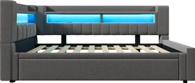Produktbild von Merax Tagesbett 90x200 cm (180x200 cm), Polsterbett mit Ausziehbett, USB Typ-C, LED-Beleuchtung, Sofabett, Doppelbett, Leinen Daybett, Grau