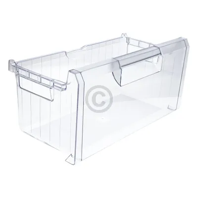 A clear plastic drawer with handles, isolated on a white background.
