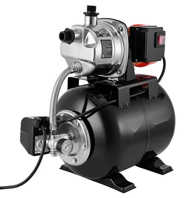 Productafbeelding van Dompelpomp voor waterwinning - 1 pk - Debiet: 3750 liter per uur - Opvoerhoogte: 39 meter - Aanzuigdiepte: 8 meter - Drukvat: 1,4–2,8 bar - Beschermingsklasse IPX4 met manometer