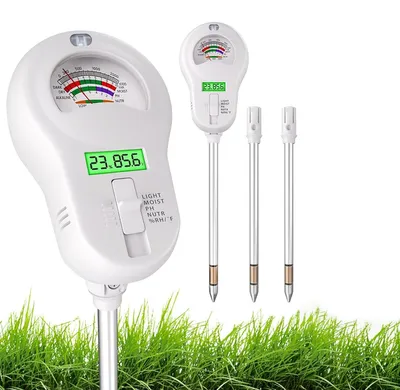 Produktbild von Bodentester 6-in-1, Bodenfeuchtigkeit, pH, Nährstoffe, Licht, Temperatur & Luftfeuchtigkeit, 3 austauschbare Sonden, digitales 90° Display für Garten Balkon Zimmerpflanzen