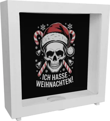 Produktbild von Totenkopf Weihnachtsmann Rahmen Spardose aus Holz - Ich hasse Weihnachten