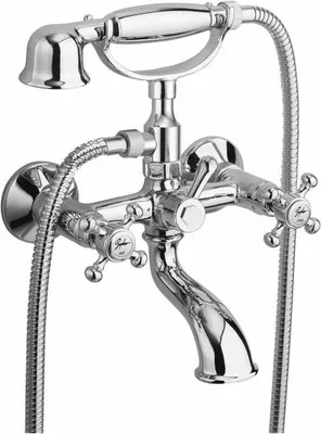 A close-up studio shot of a chrome bathtub faucet.