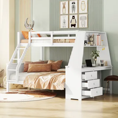 Immagine prodotto di Letto a castello Okwish 90 x 200 cm / 140 x 200 cm con tavolo, ampio spazio di archiviazione e ringhiera alta, bianco