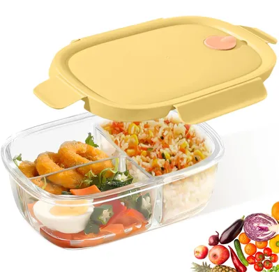 Glas-Lunchbox 900 ml, 3 Fächer, mikrowellengeeignet, auslaufsicher