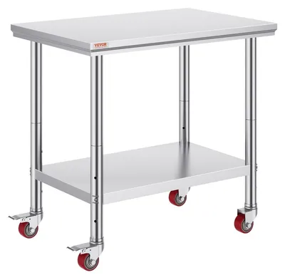 Immagine prodotto di Tavolo da lavoro in acciaio inossidabile per la ristorazione, 91 x 61 cm, tavolo da lavoro professionale con 4 ruote, piano di lavoro professionale per la preparazione degli alimenti con ripiano regolabile, tavolo da preparazione per cucina