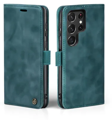 A teal flip case for a Samsung Galaxy S22 Ultra phone, shown from two angles.