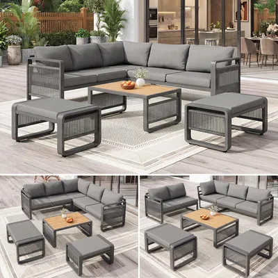 Image de Ensemble de salon de jardin 6 pièces pour 6 à 7 personnes, avec structure en fer et tressage en corde, comprenant une table basse en WPC et des coussins, résistant aux intempéries