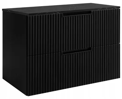 Produktbild von RODAN | Waschbeckenunterschrank 60 cm - Schwarz - Geriffelte Fronten - Hängender Waschtisch - Soft-Close - Arbeitsplatte in schwarzer Marmoroptik
