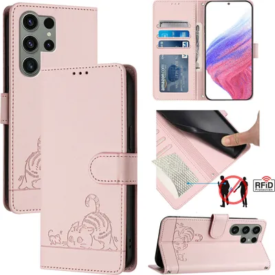 Produktbild von Leder Hülle für Samsung Galaxy S23 Ultra Süße Katze Flip Case Brieftasche Schutzhülle mit Standfunktion Pink