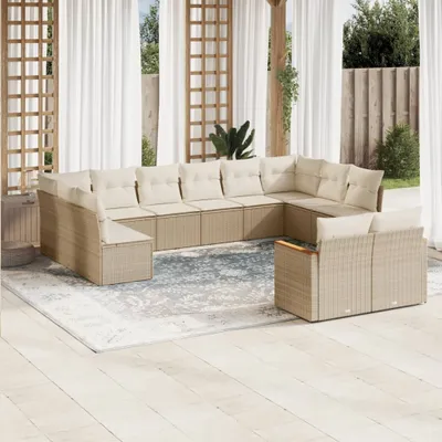 Produktbild von Design 12-tlg. Garten-Sofagarnitur mit Kissen Beige Poly Rattan, Gartenmöbel-Sets 2024 Neu