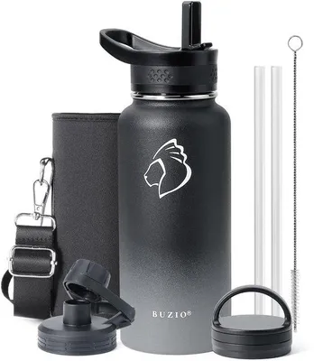 Produktbild von 1-Liter-Trinkflasche mit Strohhalm, BUZIO-Thermosflasche mit Strohhalm und Thermosflasche für den Sport, auslaufsichere Thermosflasche, schwarz/grau