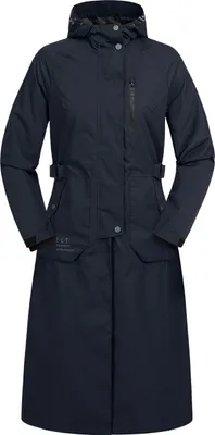 A full-body studio shot of a dark blue, hooded, long coat.