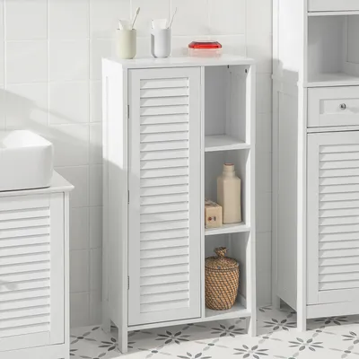 Produktbild von SoBuy BZR39-W Kúpeľňová komoda Vysoká skrinka Kúpeľňová skrinka s lamelovými dverami Kúpeľňová skrinka biela WHT cca: 48x96x24cm