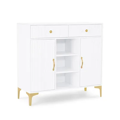 Produktbild von Sideboard mit 2 Schubladen, Badezimmerschrank mit 3 Offenen Fächern & 2 Verstellbaren Ablagen, Küchenschrank, Kommode Weiß, 6647