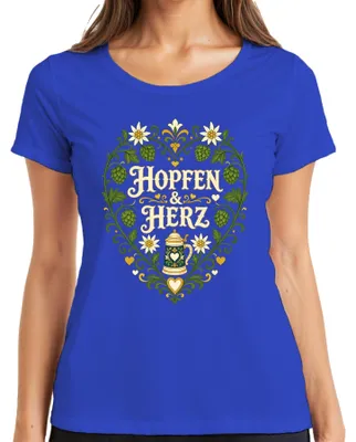 Immagine prodotto di Boccale da birra "Hopfen & Herz" con motivo dell'Edelweiss, abbigliamento tradizionale per l'Oktoberfest, pantaloni in pelle da donna, maglietta, blu, taglia 3XL