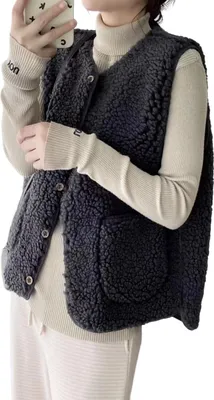 Produktbild von ASKSA Damen Teddy Fleece Weste Leichte Weste Fleeceweste Herbst Winter Warm aermellos Westen Leicht Casual Einfarbig Plueschweste,Schwarzgrau,2XL