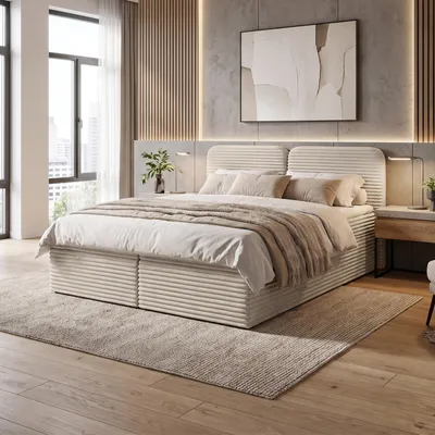Image de Lit boxspring Beautysofa modèle LARS, 180x200 cm, couleur beige, ensemble complet comprenant un matelas Bonell H3 et un surmatelas, lit tapissé avec deux tiroirs de rangement, revêtement en tissu TILIA