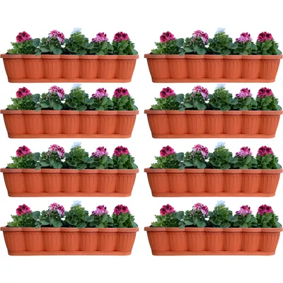 Produktbild von 8er Set 80cm Blumenkasten Balkonkasten Pflanzkasten Terracotta im Wellendesign inkl. passenden Bewässerungsuntersetzer