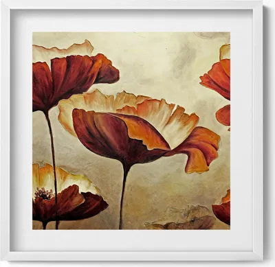 Produktbild von Gemalte Mohnblumen– Wandbild mit Rahmen – Gerahmtes Bild  – Wanddekoration – 50x50 cm –  Weiß Rahmen
