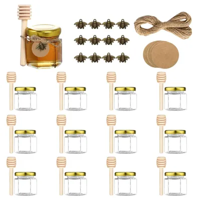 Productafbeelding van Mini honingglazen - 45 ml - Set van 12 - Met gouden deksels - Hexagonaal