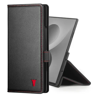 Produktbild von TORRO Galaxy Z Fold8 Ultra Leder-Wallet-Case (mit Standfunktion) - Schwarz mit Rotem Detail